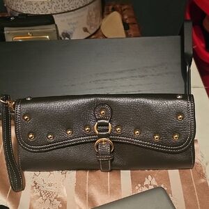 Aqua Madonna chocolate brown  Leather Wristlet with Gold Studs